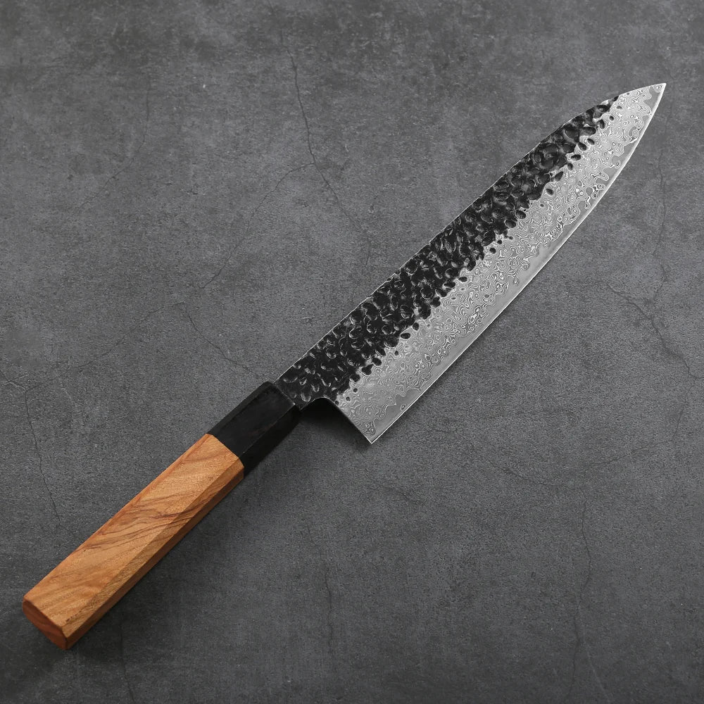 Couteau de chef 8 po – Acier damassé VG-10 & manche en bois d’olivier