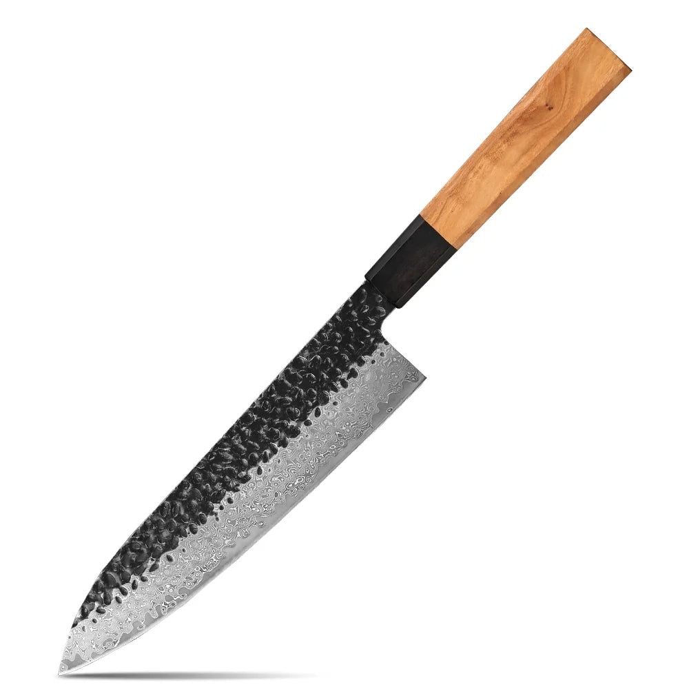 Couteau de chef 8 po – Acier damassé VG-10 & manche en bois d’olivier