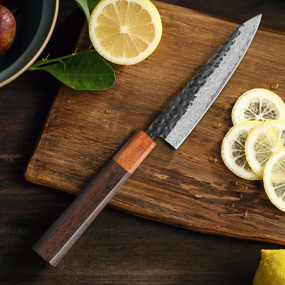 Couteau Petty 5 po – Acier damassé VG-10 & manche en palissandre